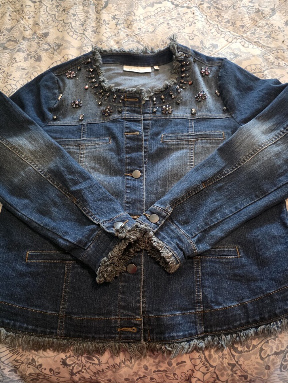 New Hillary Scott Embellished Dark Blue Denim Jacket with Frayed Trim